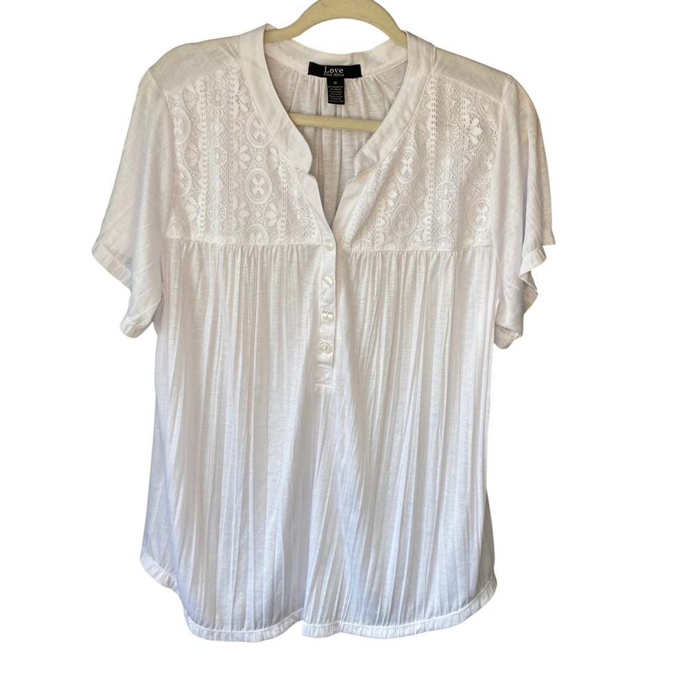 Love Ever After White Lace Yoke Pleated Short Sleeve Blouse Plus 1X